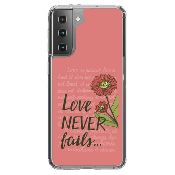 DistinctInk Clear Shockproof Hybrid Case for Galaxy S21  PLUS 5G (6.7" Screen) - TPU Bumper, Acrylic Back, Tempered Glass Screen Protector - 1 Corinthians 13 - Love Never Fails - Flower