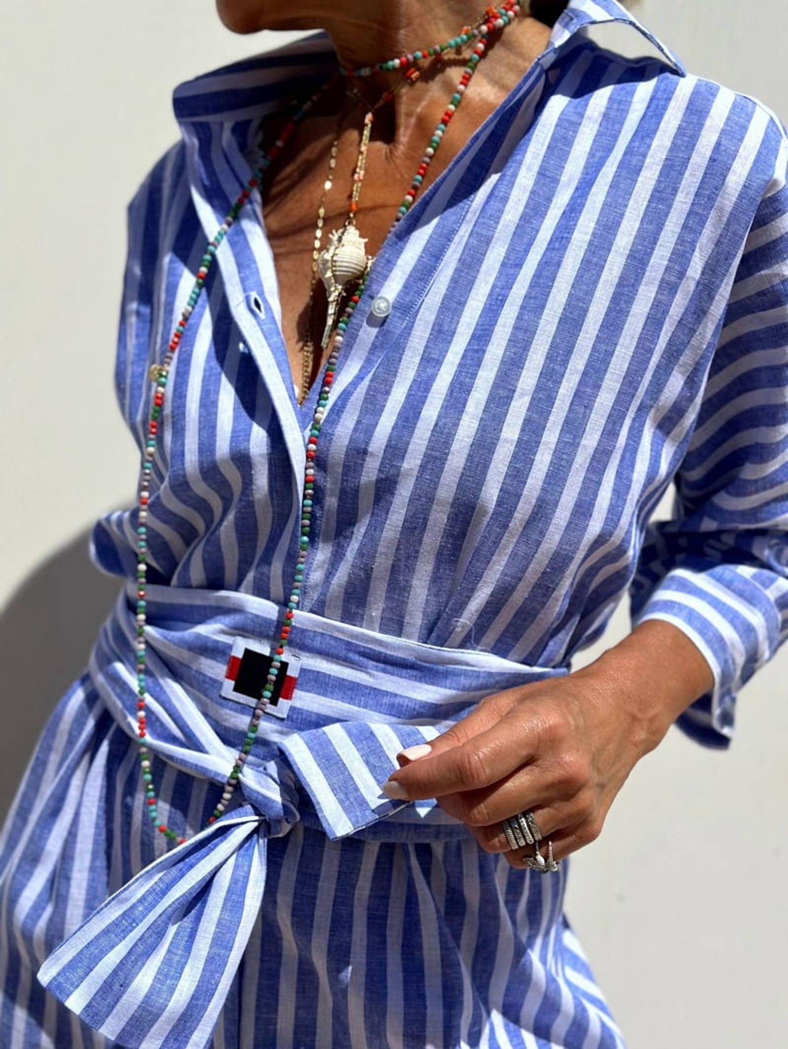 Women'S Shirt Dress Casual Lapel 3/4 Sleeve Button-Down Collar Slit Tie Resort Maxi Dress Blue M