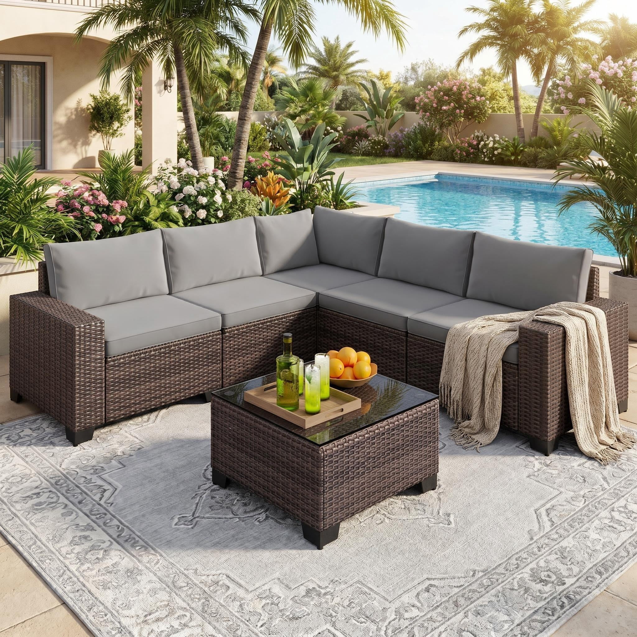 Lofka 6-Piece Outdoor Patio Furniture Set, L-Shape PE Rattan Modular Sectional with Thick All-Weather Cushions, Removable Covers, for Deck