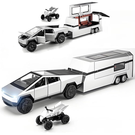 Toy Trucks with RV Motorcycle  Alloy Die-cast Model Car Pickup Truck 1/32 Toy Race Cars with Sound and Light Ideal Gift for Kids Friends Age for 6 Years and Up