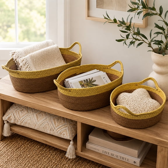 Set of 3 Paper Rope Storage Baskets with Handles, 13.4x9.8x4 / 12x9x3.5 / 10.6x8.7x3 Inch Oval Woven Organizer Bins, Two-Tone Decorative Baskets for Kitchen Fruit Vegetable, Pantry