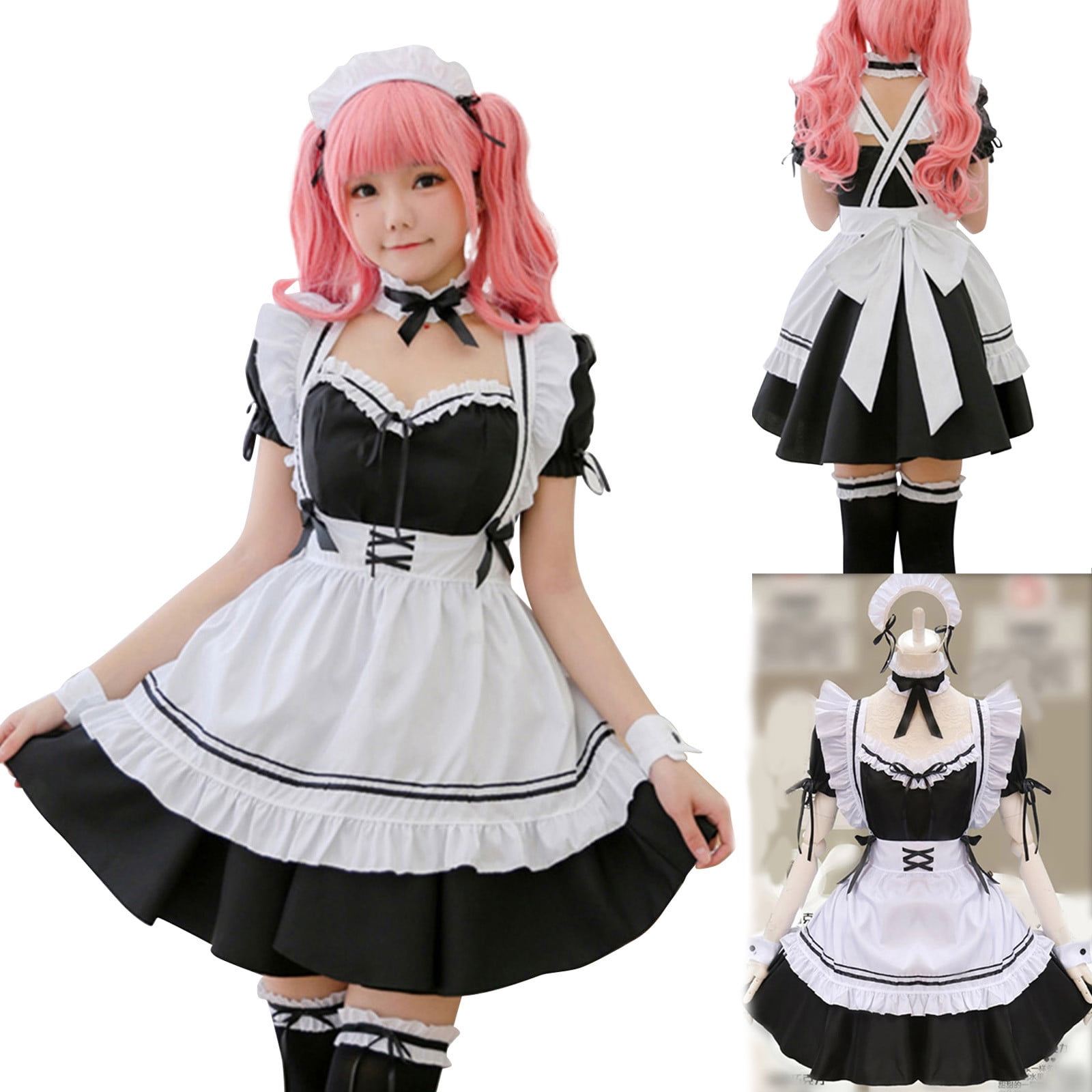 Japanese Maid Uniform Costume Lolita Bow Candy Pink Dress for Halloween Cosplay 