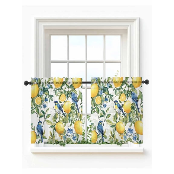 Botanical Lemon Tier Curtains 36 Inch Length,Sheer Curtains for Bedroom Living Room Window Watercolor Blue Birds Green Leaves Rod Pocket Drapes Kitchen Curtains Small Half Window 27.5"x36" 2 Panels