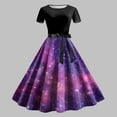 thumbnail image 2 of COMVALUE Women's Sun Moon Star Galaxy A-Line Dress Short Sleeve High Waisted Belted Midi Dress (Purple, S), 2 of 3