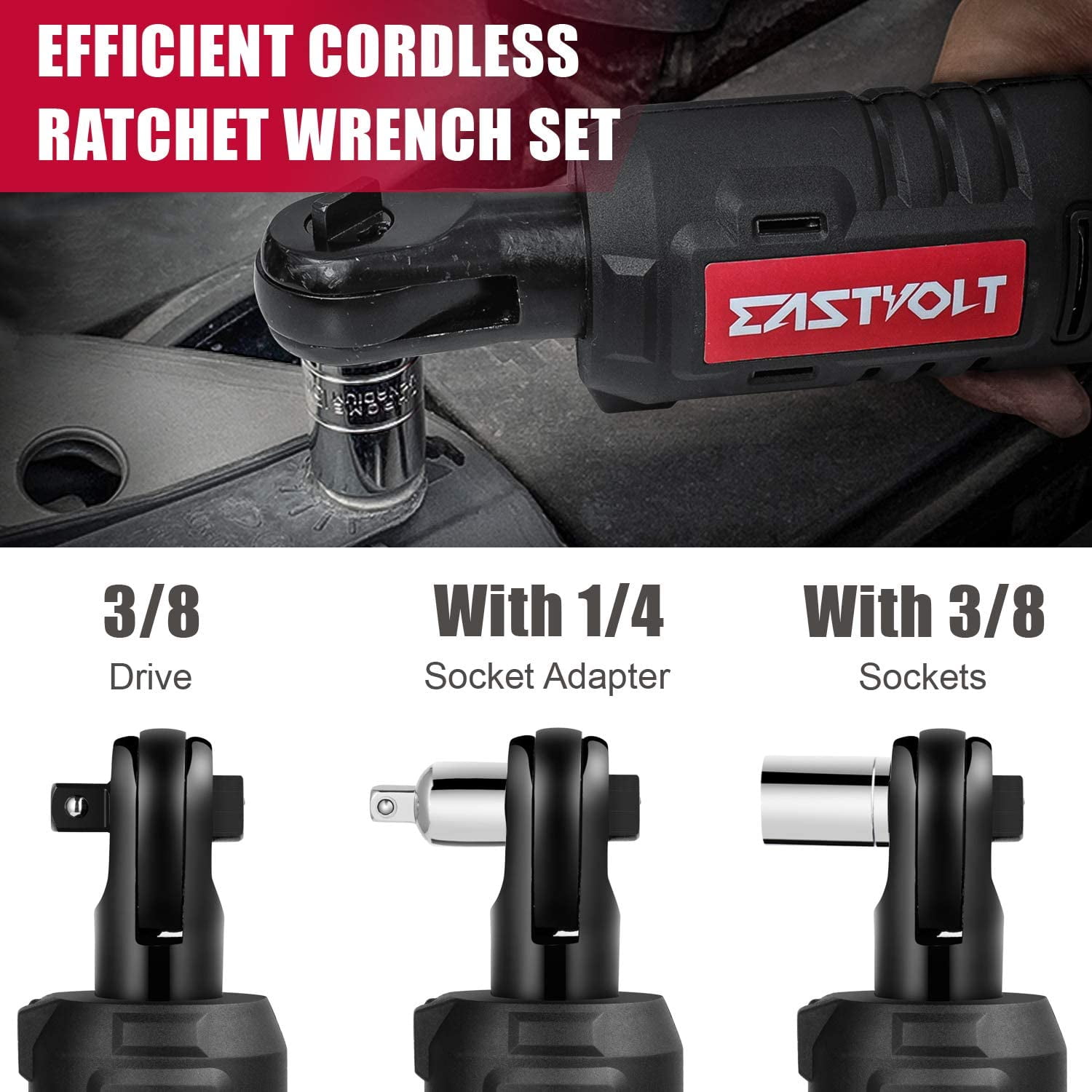 Eastvolt 12V Cordless Electric Ratchet Wrench Set, 3/8" Electric Ratchet with 7-Piece Metric Sockets and 1/4" Adaptor