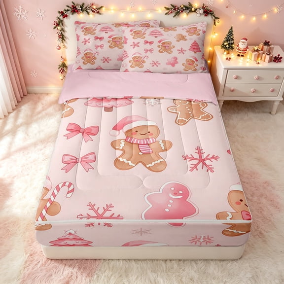 Erosebridal Christmas Tree Zipper Twin Comforter Sets with Fitted Sheet and 2 Pillowcases, Winter Xmas Gingerbread Zipper Bedding Set, Pink, Pink Reversible, 4pcs