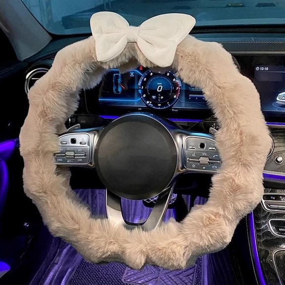 Plush Car Steering Wheel Cover Cute Bow Steering Wheel Protector for Women, Soft Non-Slip Car Interior Accessories, Khaki+White Bow