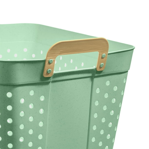 Mainstays Plastic Rectangle Laundry Basket, Sage Green, 2 Bushel