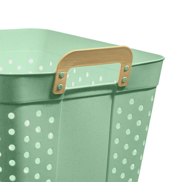 Mainstays Plastic Rectangle Laundry Basket, Sage Green, 2 Bushel