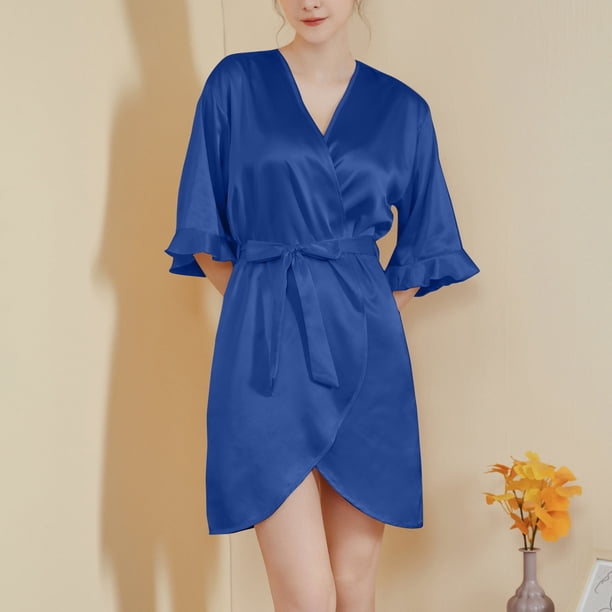 Batas para mujer, con mangas de hojas, estilo corto, sensación fresca, con cinturón, para usar en casa, camisón, batas para mujer