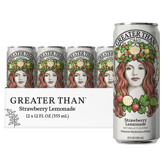 GREATER THAN Strawberry Lemonade Coconut Water Fruit Juice Fusion, with Real Electrolytes & Vitamins, 12 Pack, 12 oz Cans