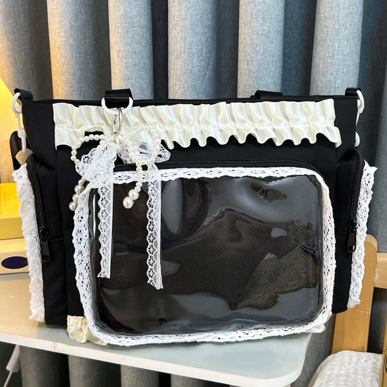 Women Transparent Square Ita Bag with Pin Display DIY Badge Crossbody Bag W/ Zipper & Pendant for Shopping Travel Work Daily Use (Black)