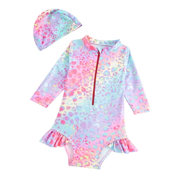Girls One Piece Swimsuit Long Sleeve Rash Guard Swimsuit Cute Hat Bathing Suit girl Bathing Suit Set for 2-8 Years