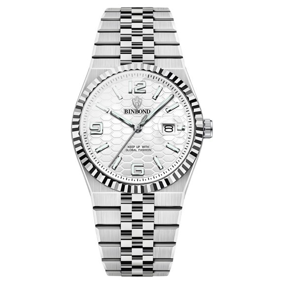 Avaner Men's Analog Quartz Business Watch: Stainless Steel Strap Dogtooth Bezel Case Magnifier Calendar Waterproof Watch with Luminous Hands and Luminous Markers