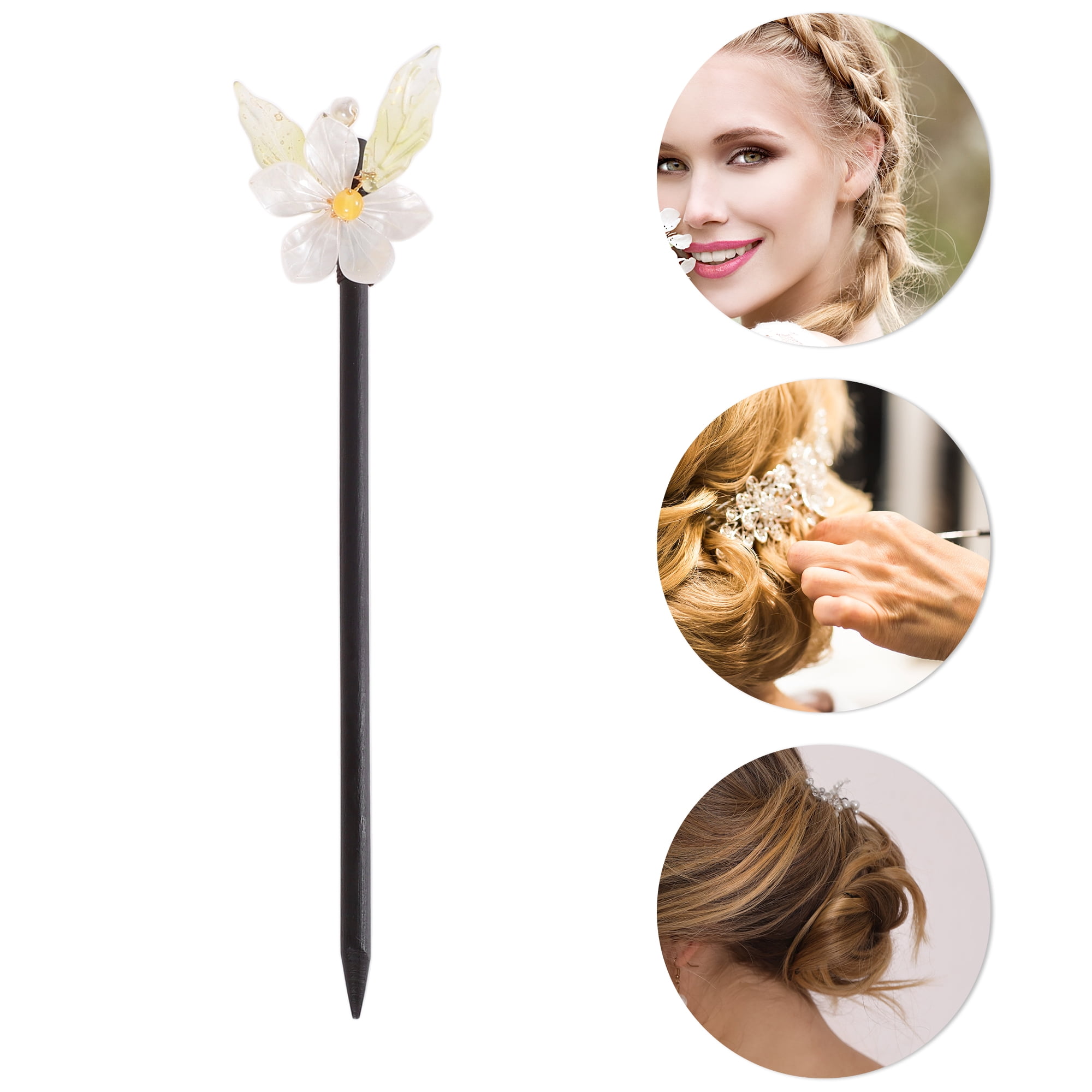 Unique Bargains Hair Stick Pin for Women 1 Pc Black, White [Retro Style Leaves]