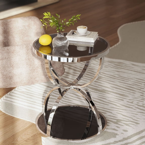S-HOME Modern 19.69 Inch Glass Side Table with Dual Tiers Gray Tempered Glass and Metal Ring Frames Design, Bedside Accent Table, Silver