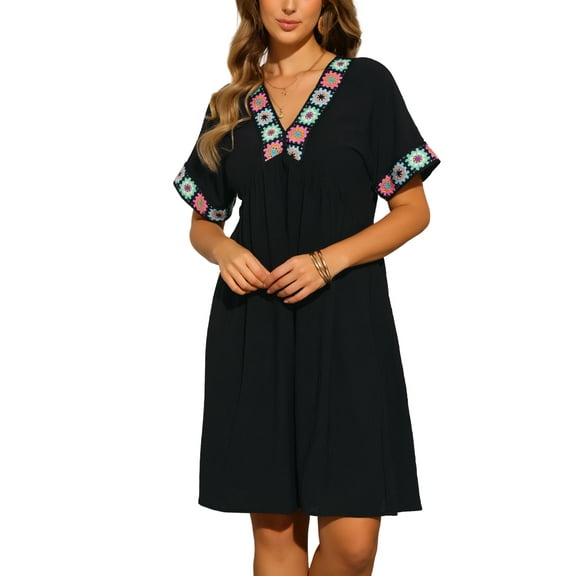 INSPIRE CHIC Boho Babydoll Dress for Women's Summer Embroidered V Neck Short Sleeve Flowy Shift Dress XS Black