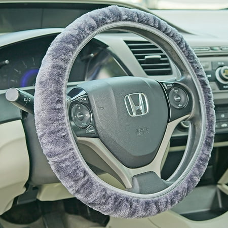 Fuzzy Steering Wheel Cover Elastic Stretch Plush Gray Universal Fit 14" - 16" Diameter Wheel - Non-slip Cushion Protector
