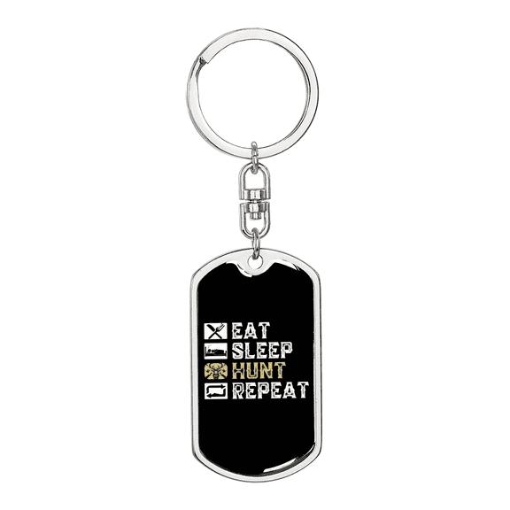 Eat Sleep Hunt Repeat Stainless Steel or 18k Gold Premium Swivel Dog Tag Keychain