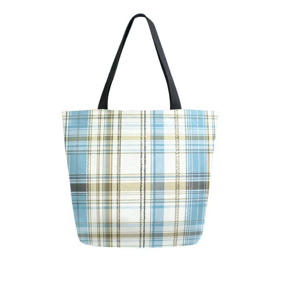 Durable Canvas Tote Bag with Zip Pocket Bags for Woman Shoulder Versatile Carryall for Everyday Use Light Blue and Brown Tartan