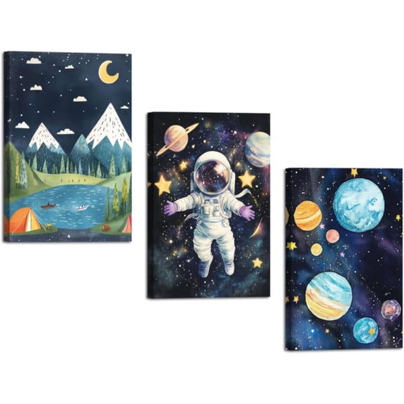 Hieng 3 Pieces Space Wall Art Astronaut Pictures Rocket Canvas Prints Space Adventure Theme Paintings Explore Dream Galaxy Artwork for Kids Room Decor Unframed