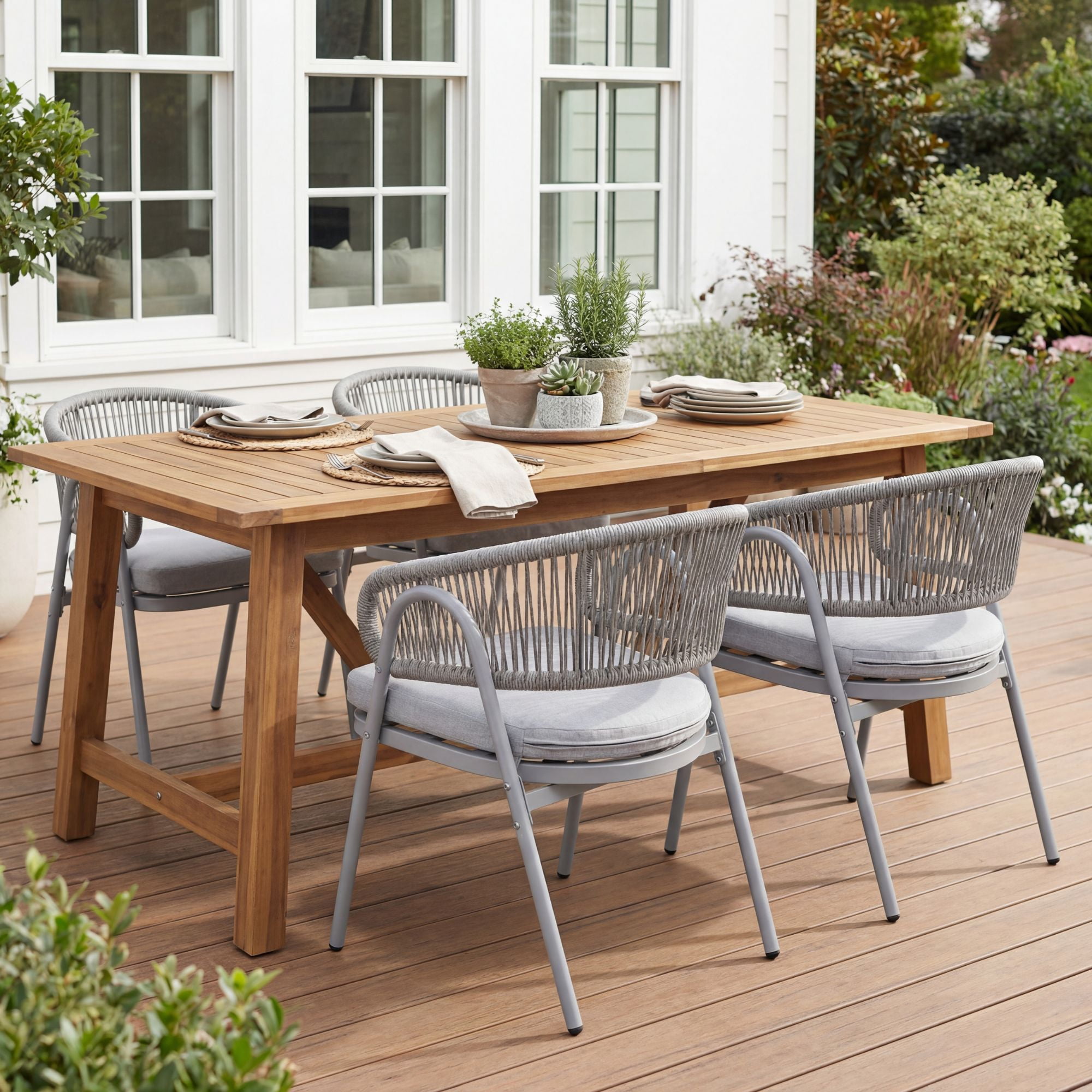 Dayalane Outdoor Dining Chairs Set of 4, Modern Rope Woven Patio Armchairs with Curved Back, Weather-Resistant Metal Frame, Balcony Backyard Bistro Seating, Grey