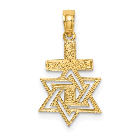 FB Jewels 14K Yellow Gold Star Of David and Cross High Polish and Engraved - Jewish Pendant