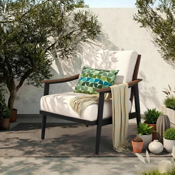 NATURAL EXPRESSIONS Patio Sofa Outdoor Furniture Metal Chair with Wicker Backrest & 6 Inches Cushion for Front, Porch, Deck, Balcony, Backyard, Sunroom