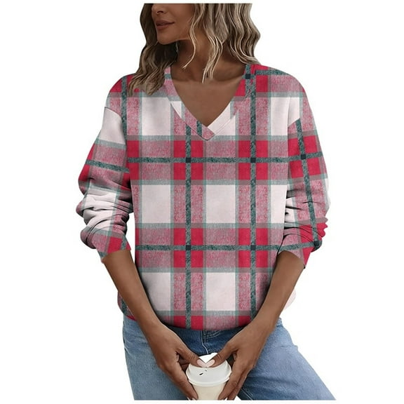 Raeneomay Women's Daily Print V-Neck Regular Sleeve Long Sleeve Casual Pullover Winter Top Fleece Sweatshirt
