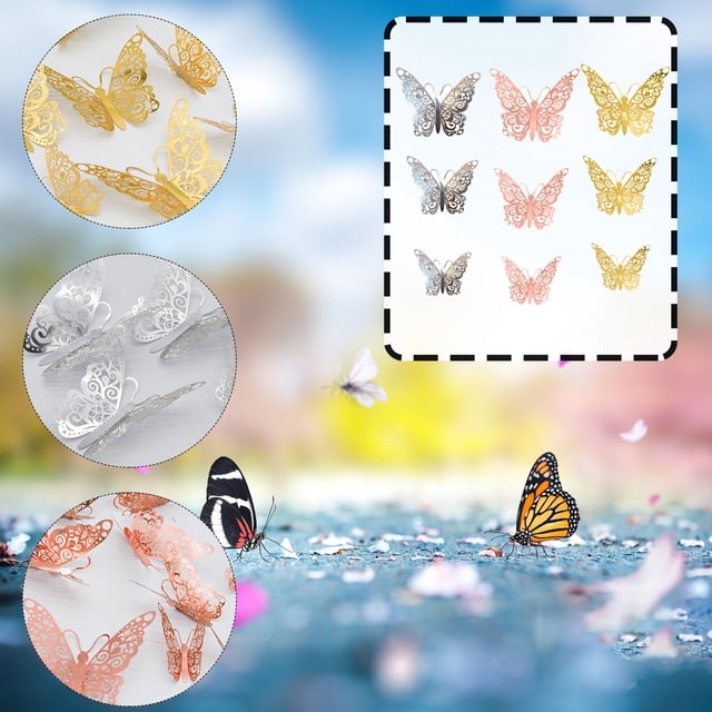 MORESEC under $5 3Pcs Metal Hollow Butterfly Wall Sticker,3D Simulation Butterfly Decoration for Home and Party, Metal Texture Wall Sticker for Wedding and Mall Decor