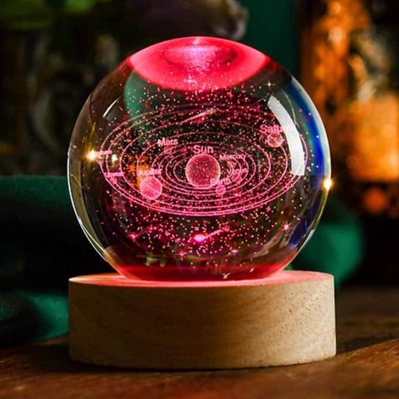 3D Solar System Crystal Ball Lamp - 6cm Laser-Engraved Astronomy Decor with Wooden Base, Educational Space Model Gift for Kids, Adults, and Collectors (Birthday, Christmas, Home/Office Decor)