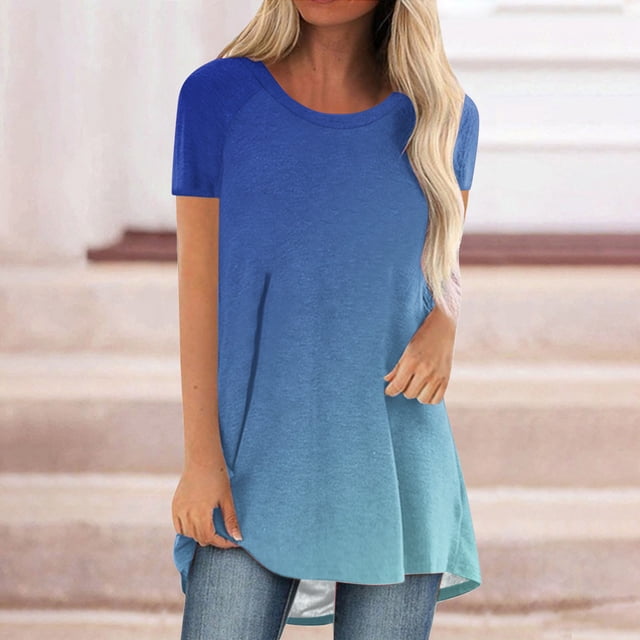 Hauts d'Été pour Femmes, T-Shirts à Col Rond Dégradés pour Femmes à la Mode Coupe Ample Manches Courtes Col Rond Blouse Longue Hauts Décontractés pour Dames