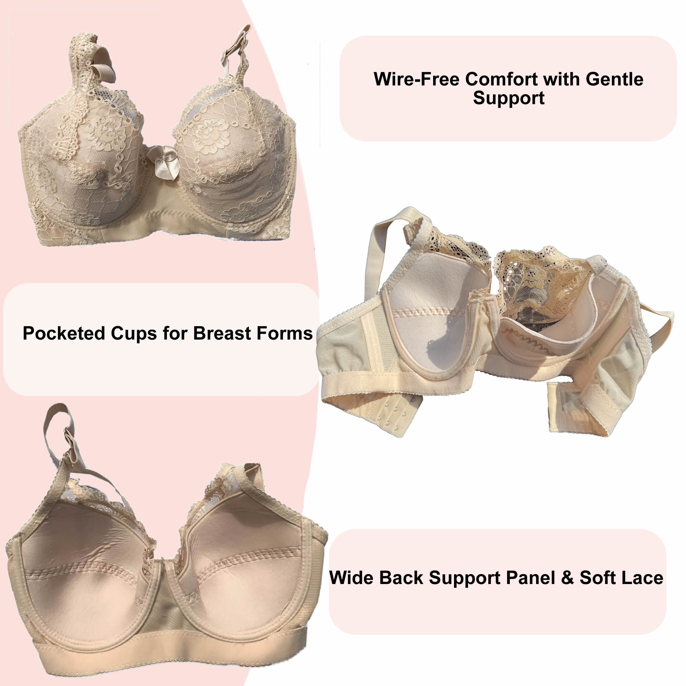 BIMEI Women’s Lace Pocket Bra for Breast Forms | Mastectomy Prosthesis Bra with Underwire & Sheer Lace | Ideal for Silicone Breast Forms, Beige, 36