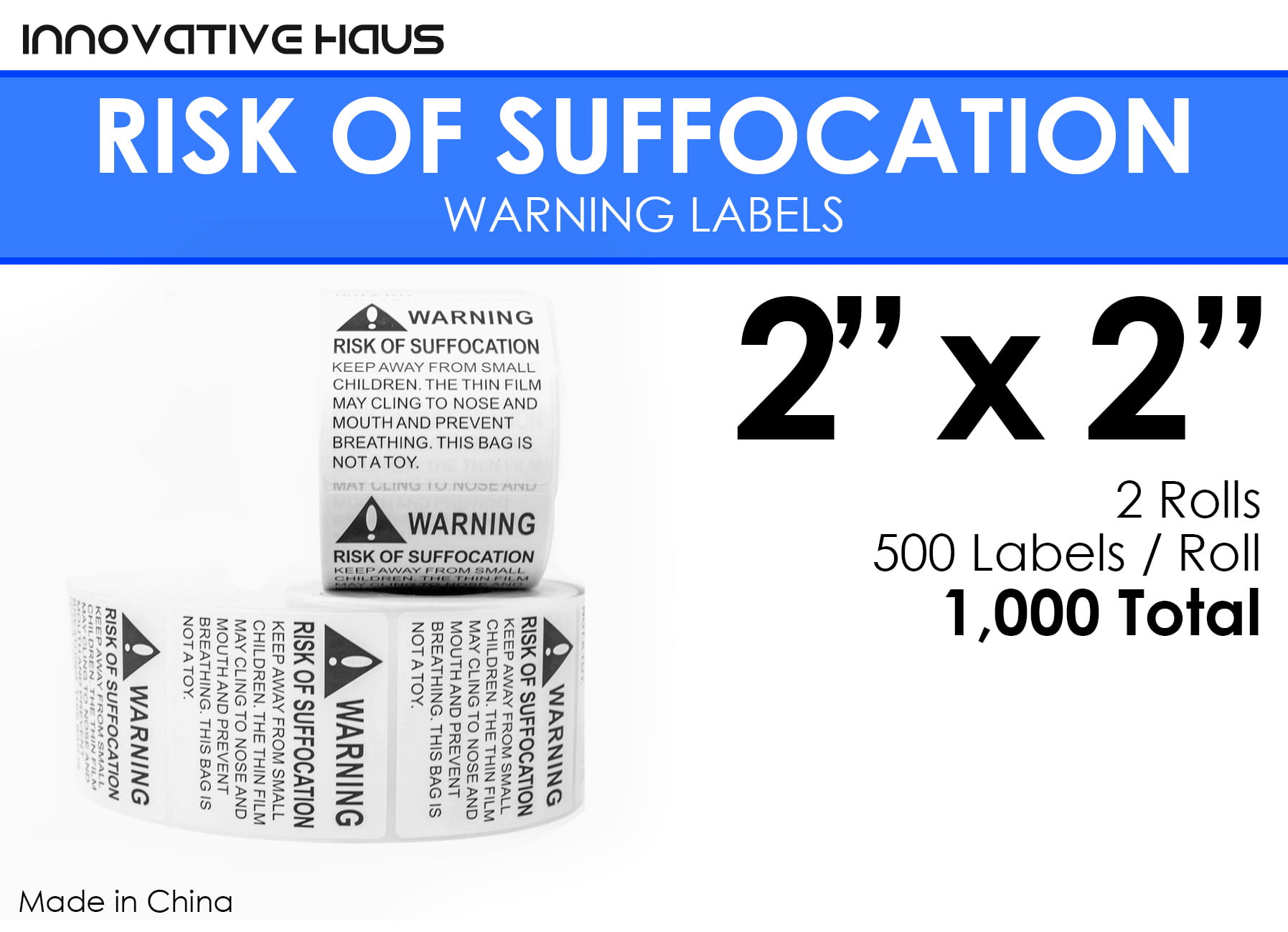 Innovative Haus 5 Rolls x 500 Labels 2,500 Total Risk of Suffocation Warning 