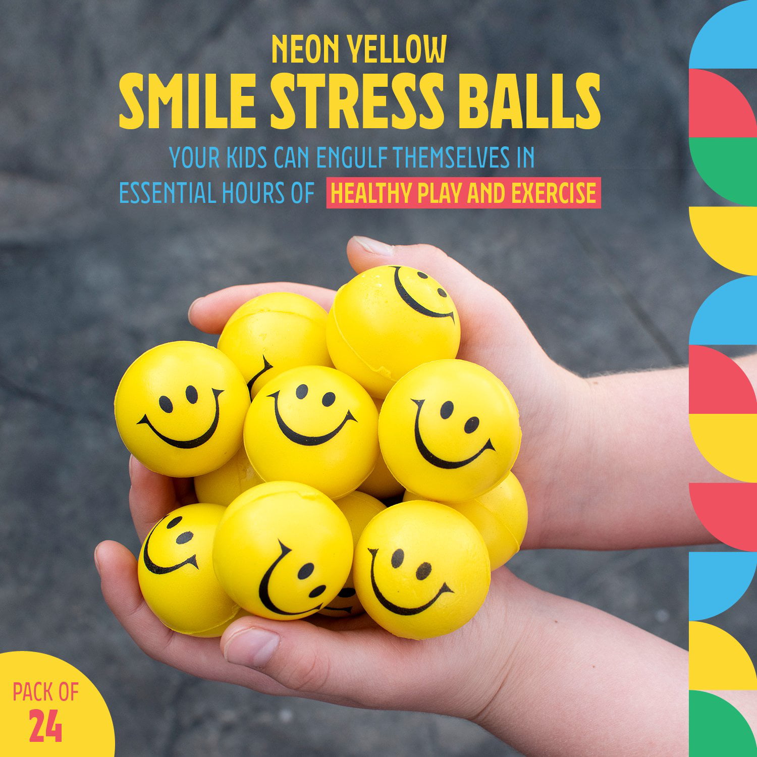 Dazzling Toys 24 Pack Stress Balls Neon Smile Face Relaxable Squeeze Balls Assorted Colors 2 Dz 