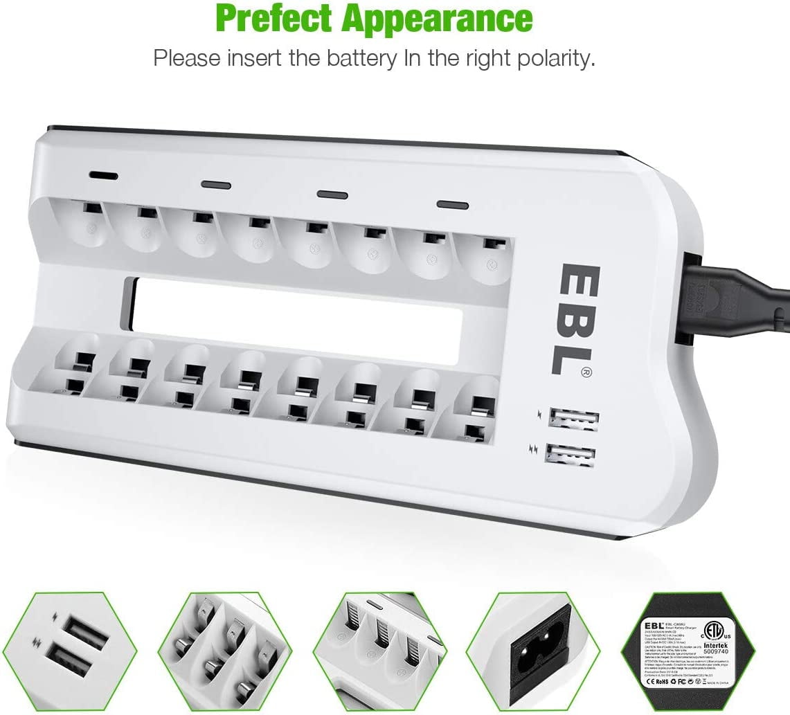 EBL 2300mAh Ni-MH AA Rechargeable Batteries (12 Pack) and 808U Rechargeable AA AAA Battery Charger with 2 USB Charging Ports