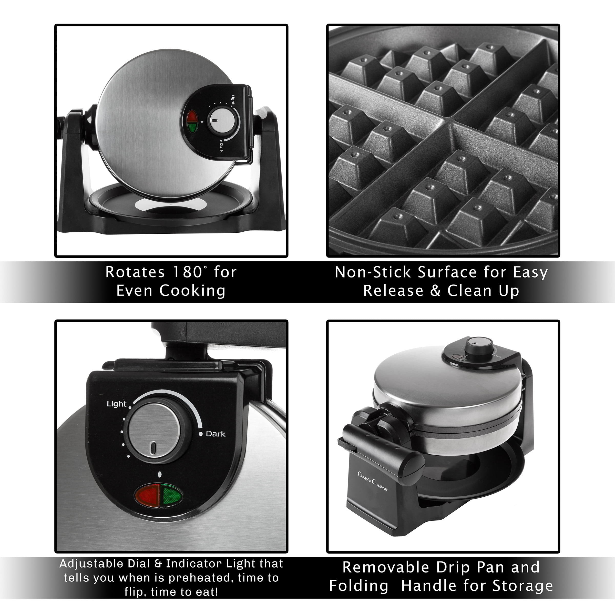 Classic Cuisine 180-Degree Nonstick Flip Waffle Iron with Drip Pan