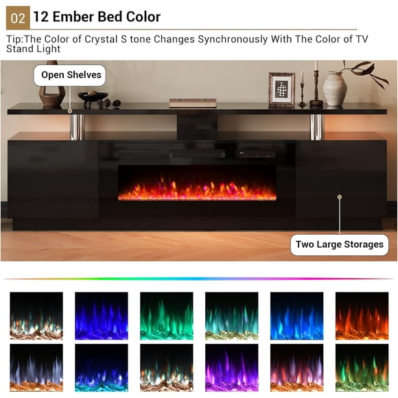 OUYAWEI 70 inch Fireplace TV Stand with 36 inch Electric Fireplace,1400W Heater,8 Flame Colors,LED Lights & 2-Tier Storage Cabinet,120V 750W/1500W,Black