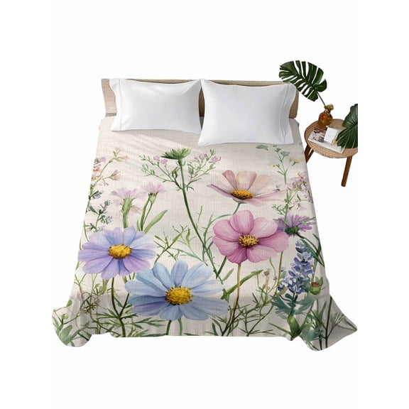 California King Flat Sheet 108"x98", Spring Floral Soft Lightweight Bedding Flat Sheets Only, Wildflowers Herbs Summer Botanical Vintage Brushed Microfiber Top Bed Sheet, Breathable Bedsheets