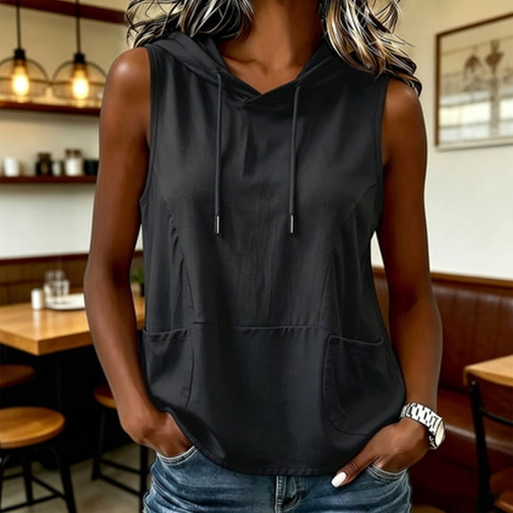 Women's Sleeveless Hoodie, Awwp Women's Sleeveless Hooded Tank Top Black Breathable Tank Top L