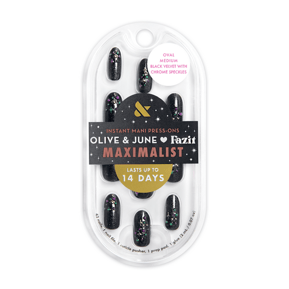 Olive & June   Fazit Instant Mani Maximalist Medium Oval Press-on Nails, Black Velvet with Chrome Speckles, 42 Pieces
