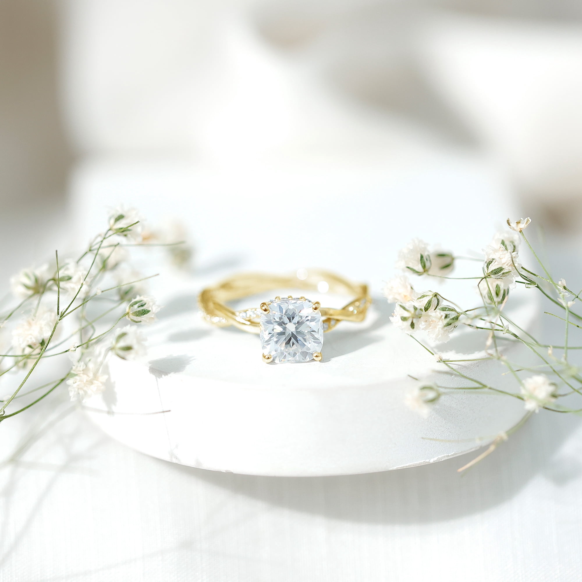 Rosec Jewels Moissanite Solitaire Engagement Ring Cushion Cut - Designer Ring for Women - 8 mm - 3 Carat - D-VS1 Quality, 14K Yellow Gold, US 6.50