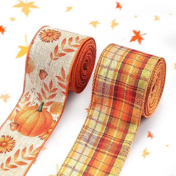 Hying 2 Rolls 10 Yards Fall Wired Edge Ribbons, 2.5inch Orange Plaid Burlap Autumn Ribbons