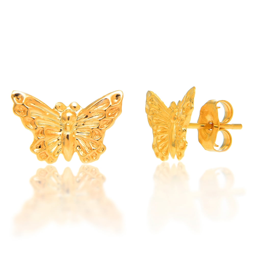 Oval Shaped Drop Earrings With   Real Flowers And Gold Butterflies