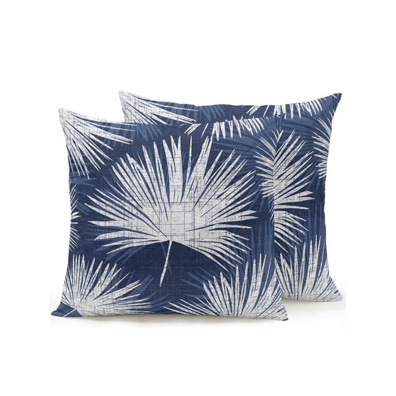 Outdoor Pillows Waterproof, Navy Blue Palm Leaves Coastal Bedding Throw Pillows with Insert for Couch Sofa Bed, Summer Tropical Botanical 16x16 Inch Pillowcases Decorative Patio Pillow Set of 2
