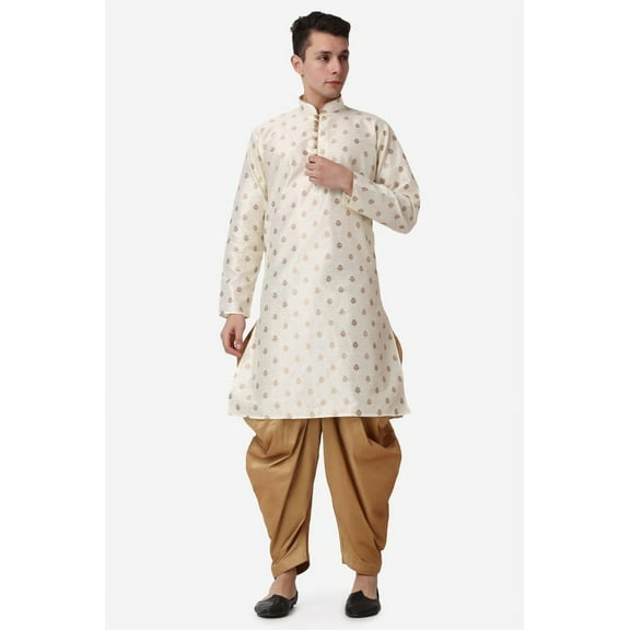 Royal Kurta Elegant Gold Jacquard Silk Printed Long Kurta and Mustard Salwar for Men