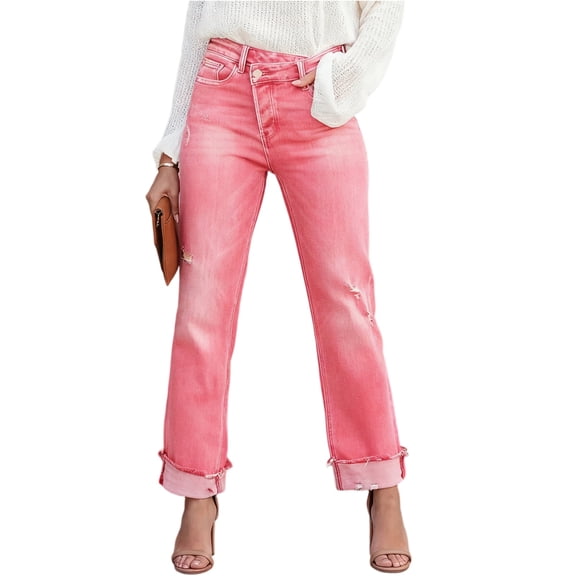 LWavelet Women High Waisted Cropped Straight Jeans Khaki Washed Distressed Frayed Hem Denim Pants Casual Streetwear Trousers Pink L