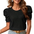 thumbnail image 1 of Blusa holgada de jacquard con mangas cortas abullonadas y detalle calado para mujer, color negro, estilo veraniego, 1 of 7