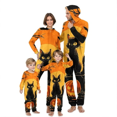 

Uaswgudfs Trendy Black Cat Print Halloween Sleepwear for Family Casual Long Sleeved Jumpsuit with Hood Comfy Lounge Nightwear