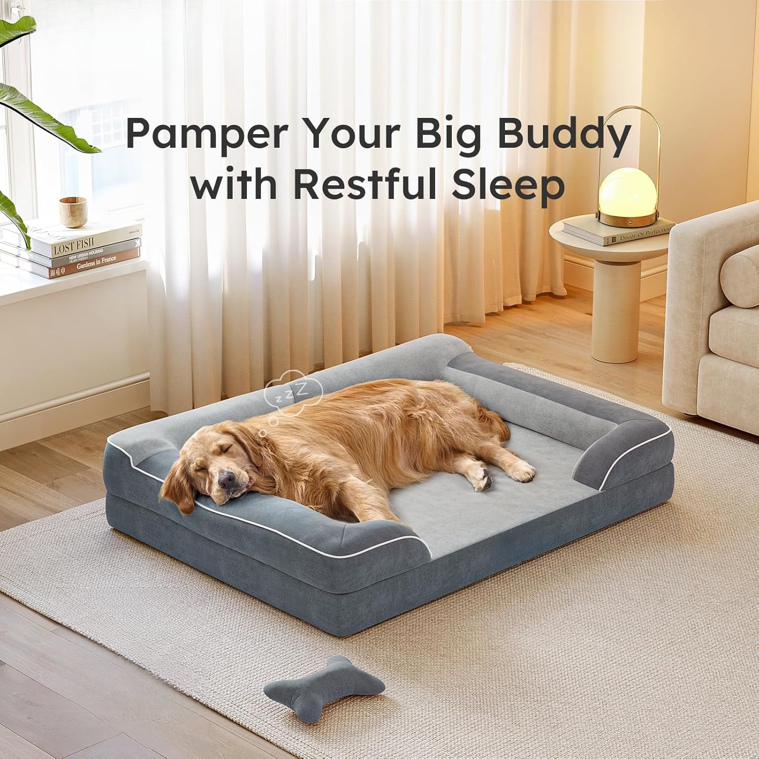 XXL Dog Bed for Extra Large Dogs, Giant Orthopedic Dog Bed with Cooling Gel Memory Foam, Waterproof Pet Bed with Removable Washable Cover, 53" Pet Sofa Bed Dutch Velvet with Bone Toy, Dark Grey